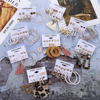 

EN Rattan Dangle Earrings Set Women Fashion Shell Pearl Flower Earring 2020 NEW Vintage Butterfly Earrings Party Jewelry Gifts