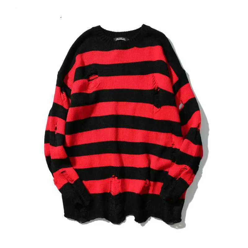 

Spring and autumn sweater red black striped hip hop sweater for men with hole fashion super large high street loose knitting