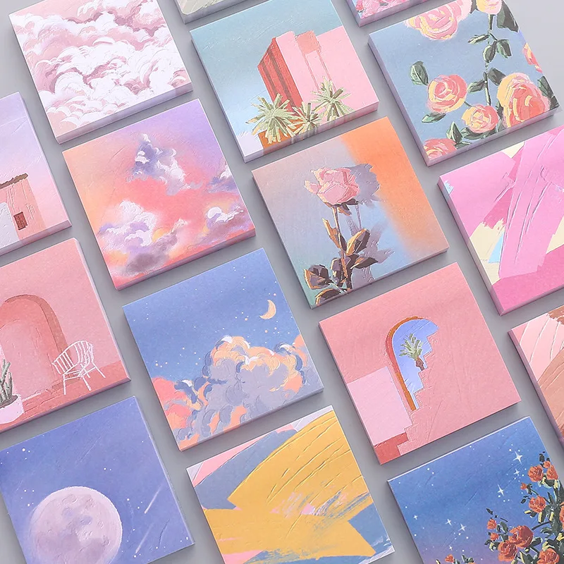 Girl Sticky Notes Oil Painting Color N Times Stickers Ins Beautiful Scenery Student Account Decoration Message Paper Memo Pads