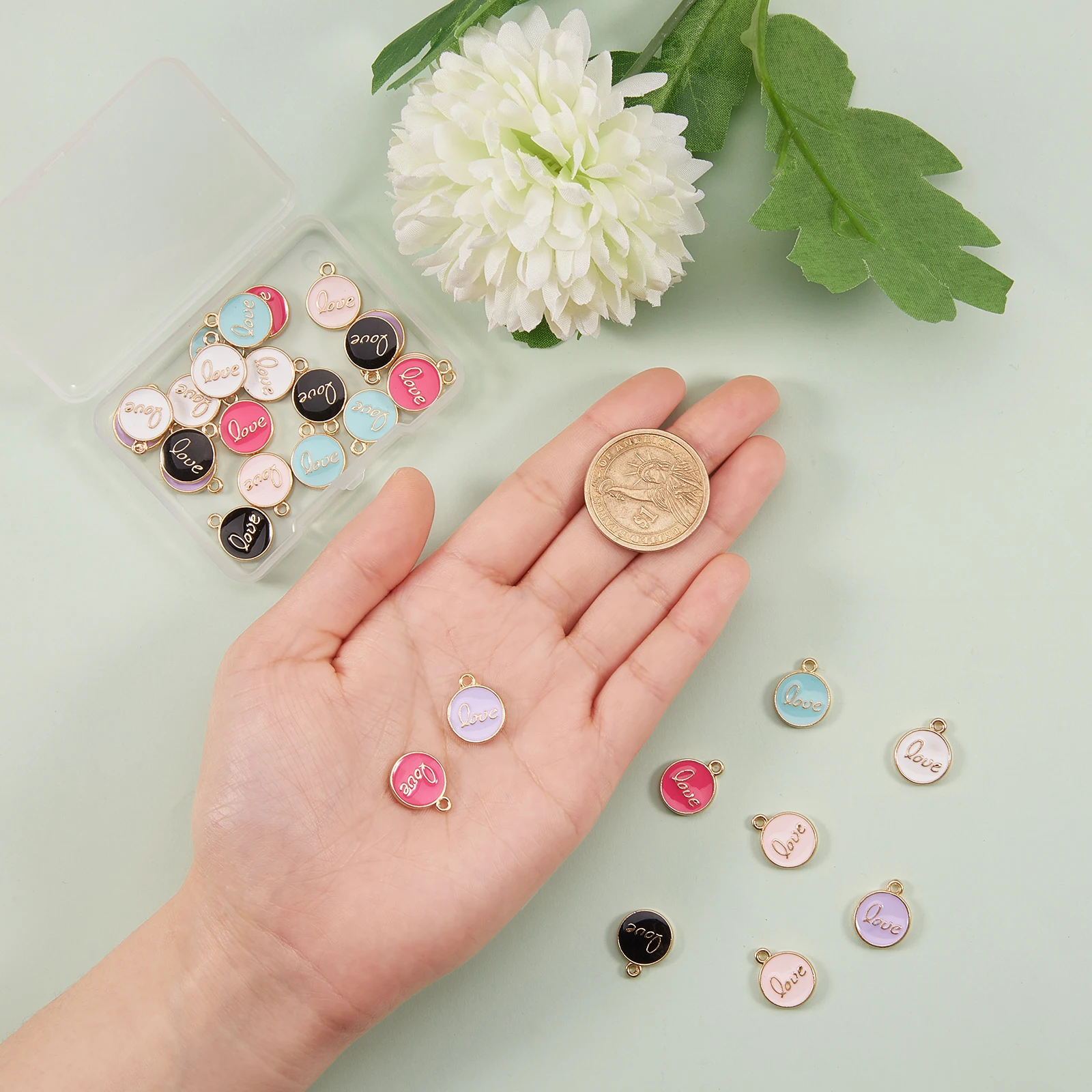 60Pcs/box Alloy Enamel Flat Round with Word Love Charms Pendants for Women DIY Necklace Earrings Jewelry Making Accessories