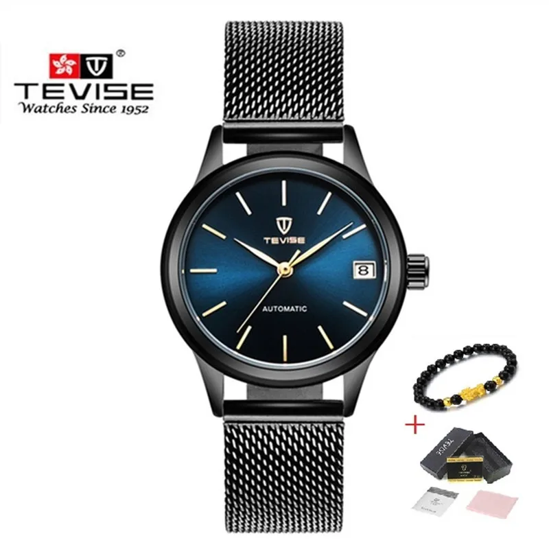TEVISE женский раскошный ремешок для часов автоматические Женские Механические карманные часы для дам водонепроницаемые наручные часы reloj mujer - Цвет: Black Blue