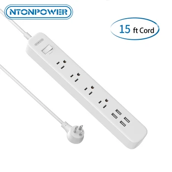 

NTONPOWER 1700 Joule Surge Protector USB Power Strip with 15ft(4.6Meter) Extension Cord 4 Outlets 4 USB Desktop Charging Station