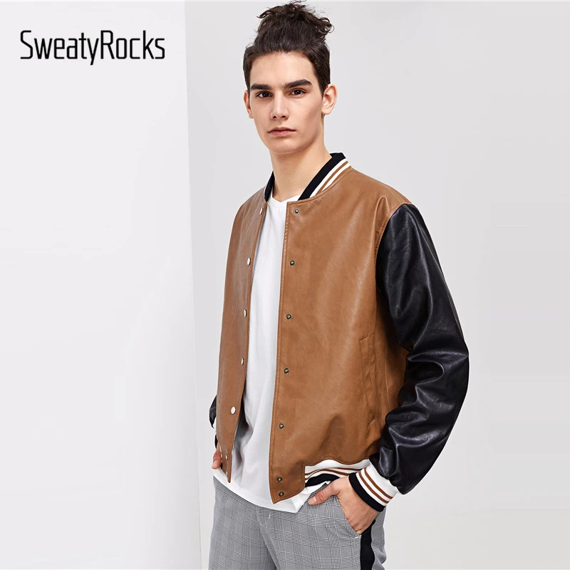 SweatyRocks мужская куртка-бомбер на кнопках из искусственной кожи уличная куртка в стиле колор блок однобортные повседневные элегантные куртки
