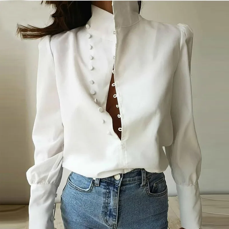 Женская блузка с пряжкой и стоячим воротником, однотонная белая офисная Женская Весенняя Осенняя элегантная свободная стильная модная Новая трендовая рубашка Топы