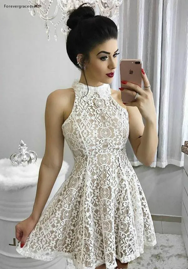 2018 Little White Short Cocktail Dresses A Line Halter Neck Lace Homecoming Dresses Arabic Short Prom Celebrity Gowns  108 (1)