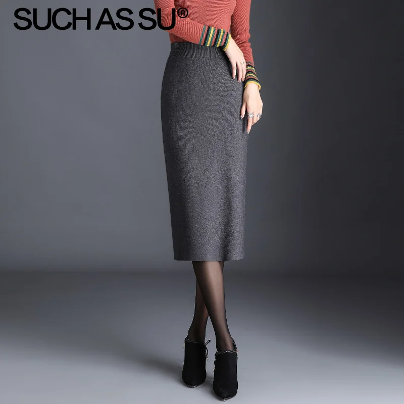Gray Skirt Новинка, вязаные юбки-карандаш для женщин, Осень-зима, черные, абрикосовые, серые, кофейные, высокая талия, облегающая юбка средней длины, Женская юбка - Цвет: Gray Skirt