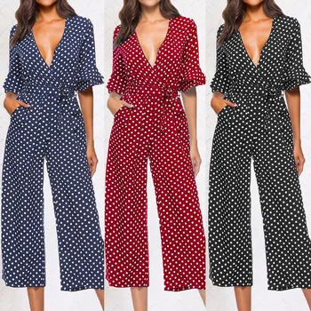 

New Jumpsuit Women Summer 2020 Polka Dot Printed V-neck Wide Leg Pants Long Jumpsuit Kombinezony Bandage Overalls Playsuit #C2