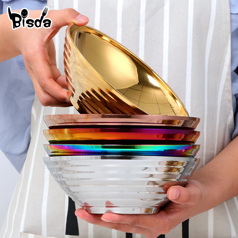 

Stainless Steel Rice Bowl Gift Gold Spoon-fork Double layer anti-scalding Tableware for Hot Pot Dumpling Sauce Soup Noodles Bowl