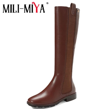 

MILI-MIYA Motorcycle Women Boots Cow Leather&Pu Leather Slip-On Round Toe Square Heels Stretch Fabric Waterproof Size 34-40