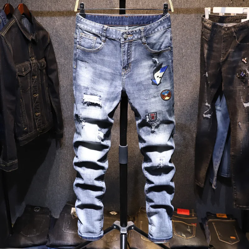 

2019 Autumn And Winter Light Blue Small Birds Embroidered Force Pure Cotton pencil pants Jeans Men's Can Be Connected Shop Small