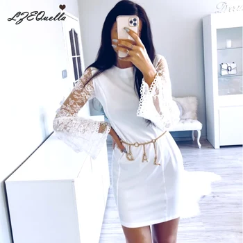 

LZEQuella Vintage O neck Flare Sleeve Lace Dress Patchwork High Waist Spring Summer Street Mini Dresses Sundress NZ1597
