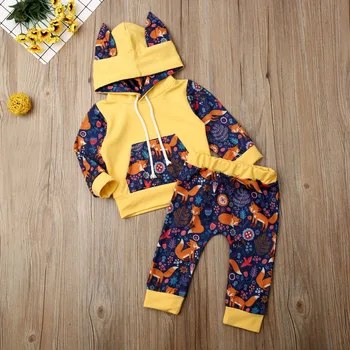 

UK Cute Infant Toddler Baby Boy Clothes Fox Hooded Tops Sweatshirt Long Pants Outfits Baby Set Clothes 0-24 months