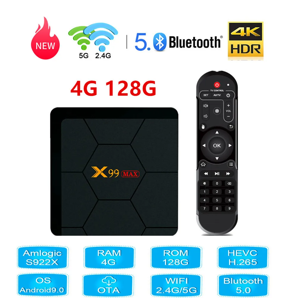 

X99 MAX Amlogic S922X Smart Android 9.0 TV Box DDR4 4GB RAM 128GB ROM 2.4G 5G WiFi 1000M LAN Bluetooth 4K Prefix HD Media Player