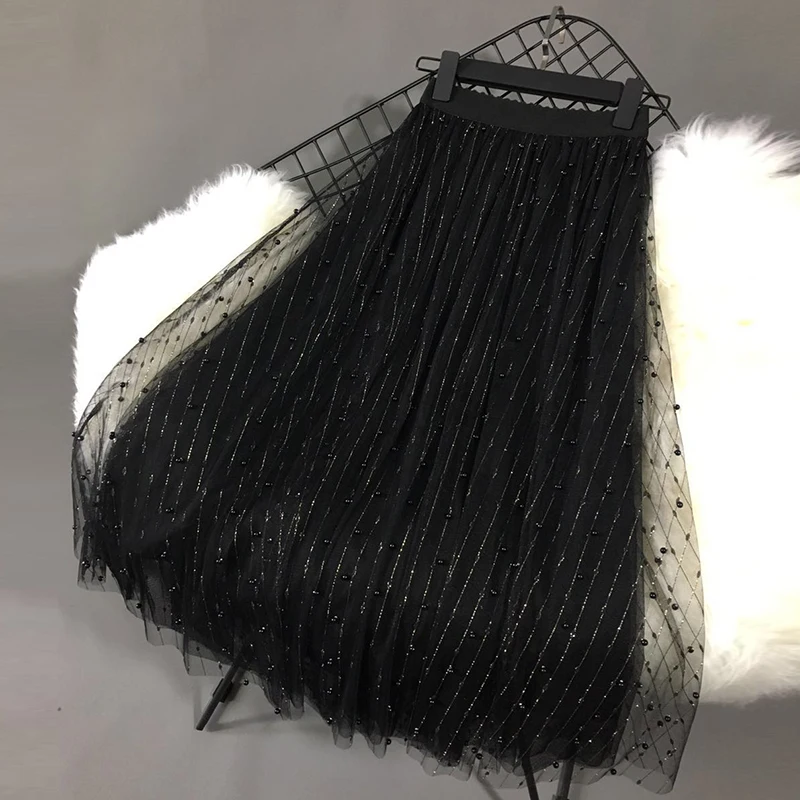 New Bright screen a word skirt yarn pearl high elastic waist thin joker in long lace princess white black - Цвет: see chart