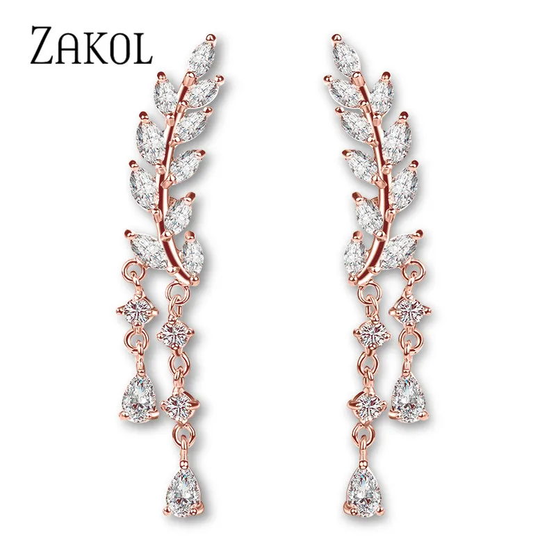 ZAKOL горячая Распродажа Модные CZ Кристалл Цирконий лист длинные висячие серьги