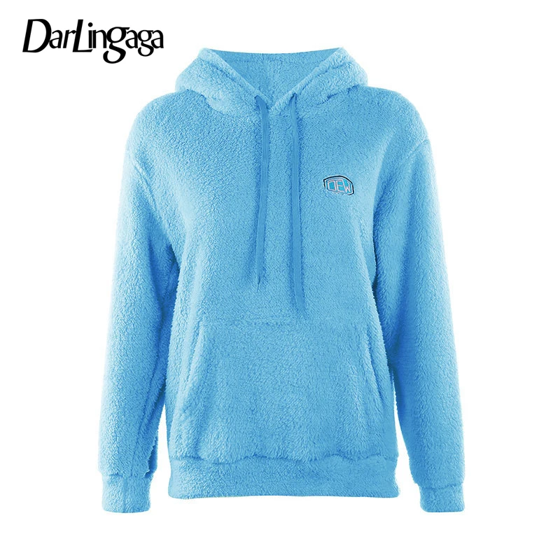 Darlingaga, осенне-зимние флисовые толстовки, женские топы, пуловер, лохматый, теплое полотенце, вышивка, свободная толстовка, модная толстовка, Moletom - Цвет: Blue