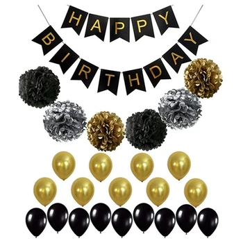 

Party Decor Kit Balloon Paper Flower Ball Baby Shower Birthday Letter Banner Pull Flag Decoration Set for Wedding Supplies (Blac