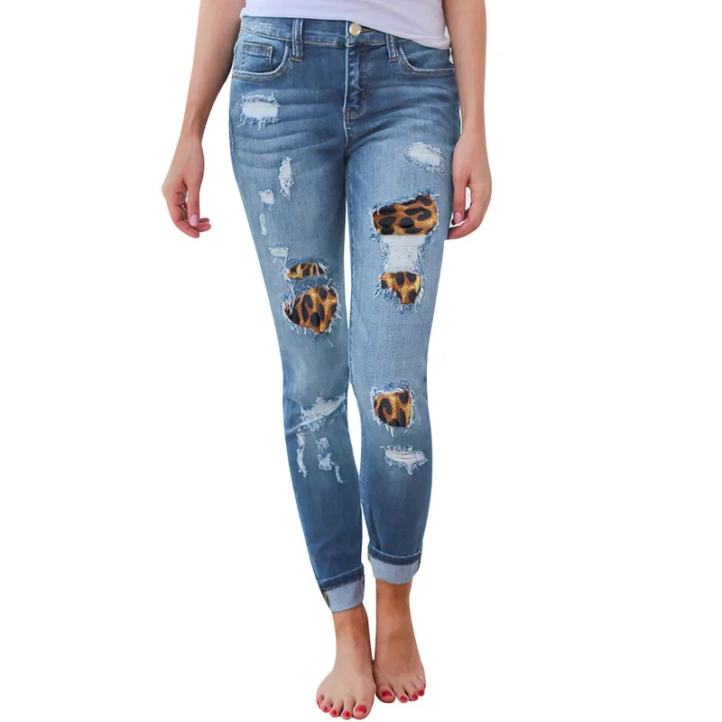

Women's Casual Boyfriend Distressed Skinny Leopard Patch Ripped Jeans 2020 Spring Autumn Women Jeans