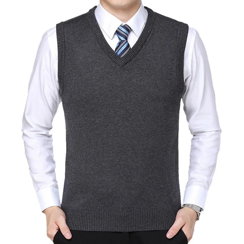 CYSINCOS, новинка, Хлопковый вязаный пуловер для мужчин, v-образный вырез, без рукавов, формальный, деловой, для мужчин, Повседневный, Однотонный свитер, мужские свитера, жилет - Цвет: dark gray