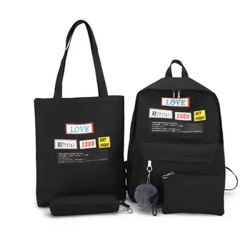 

4pcs Canvas School Backpack Shoulder Bags Daypacks Student Bookbag Pencil Case Set for Teen Girls