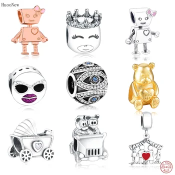 

Fit Original Pandora Charm Bracelet 925 Sterling Silver Family Rose Gold Color Robot Bear Mickey Beads Pendant Family Berloque
