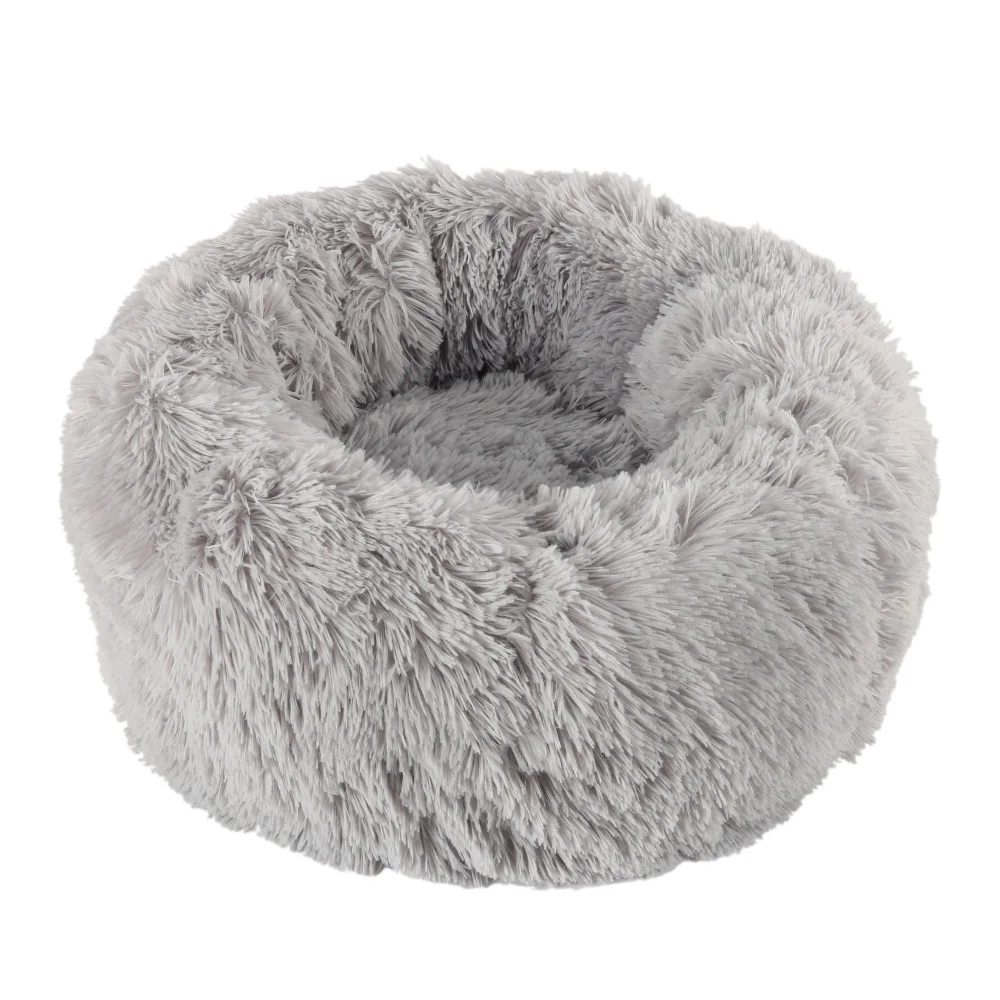 Light Grey Winter Warm Pet Sleeping Beds Dog Cat Round Long Plush Thick Bed Super Soft Puppy Dogs Cats Cushion Pad Portable Pets Supplies - Color: Light Grey