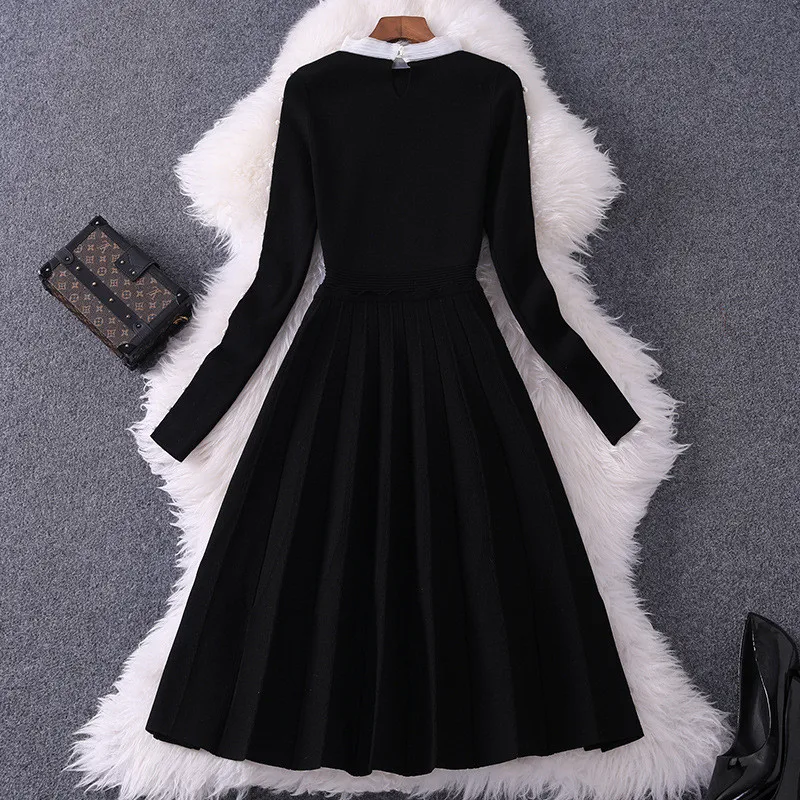 Vestidos, длинный рукав, бант, жемчуг, милое, одноцветное, алиновое, вязанное платье-свитер,, новая мода, женское платье осень-зима