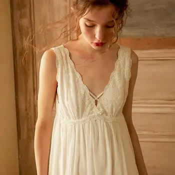 

Summer Autumn Suspenders Sleepwear Lace Long Sexy V-neck Retro Princess Style Solid Color Print Casual Home Service Nightdress