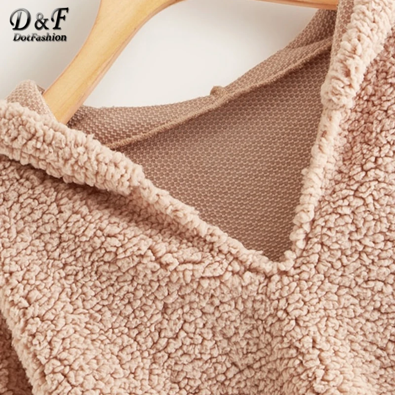 Dotfashion, Повседневная Толстовка с капюшоном и спущенным плечом, для женщин, зима, v-образный вырез, укороченный свитер, Женская Толстовка телесного цвета