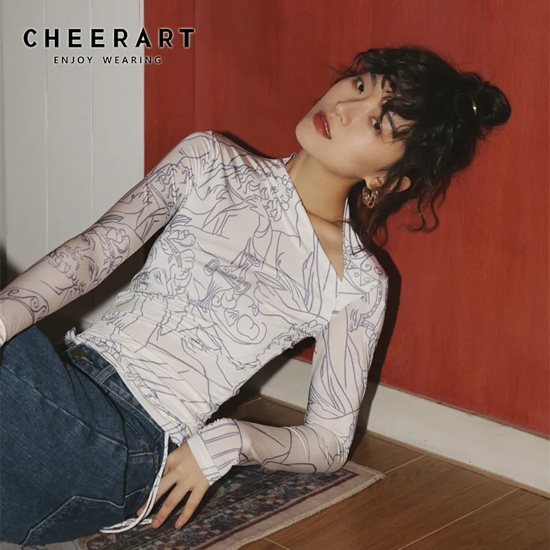 

Cheerart Drawing Print T Shirt Women Irregular Neck Body Tee Shirt Shir Designer Top Underwear Fall Tee Shirt Femme Clothing