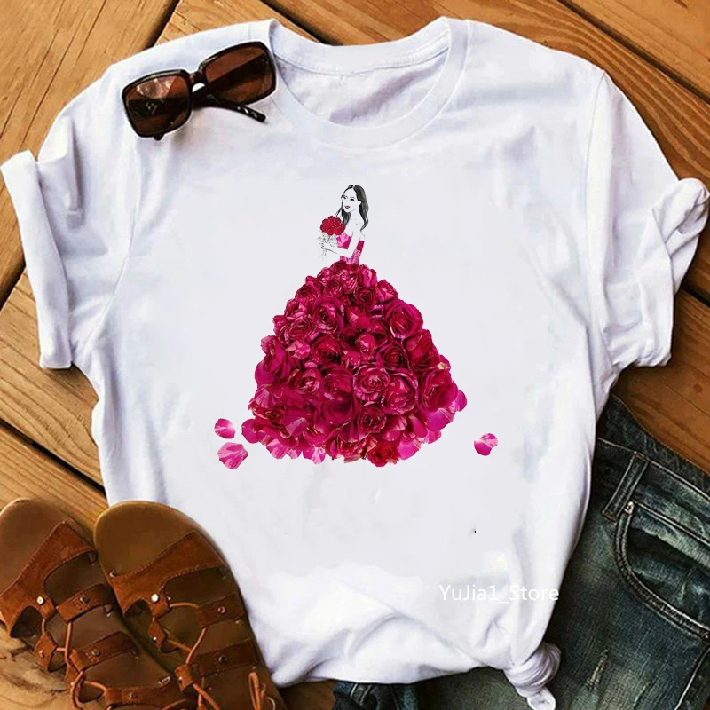 

New Women T-shirt Fashion Flower Dress Illustration Top Female T Shirts Novelty Tee Funny Harajuku Ladies Streetwear Clothes