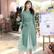 Осенне-зимний стиль, очень Сказочный свитер средней длины выше колена, трикотажное платье из двух предметов с пальто, платье