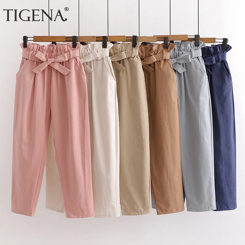 TIGENA-Pantalones con cinturón de lazo para mujer, calzas tobilleras de cintura alta para mujer, pantalones bombachos coreanos de color rosa para primavera y verano 2021