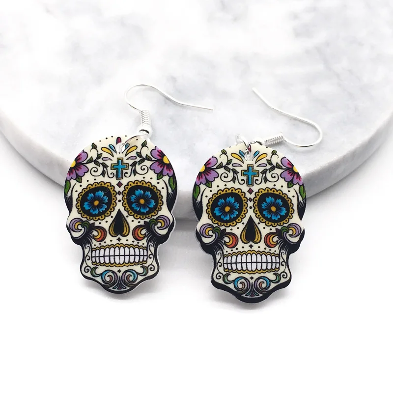 Skull Earrings Calavera Sugary-Sweet Whimsical Celebrate Mexican Day Halloween Acrylic Sugar Skull Earrings For Women 4 colors
