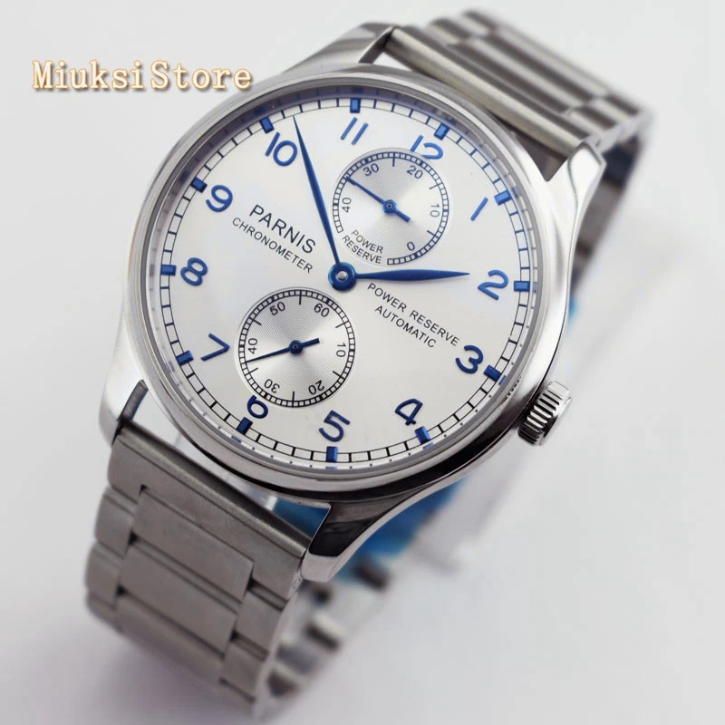

43mm Parnis mens top mechanical watch white dial steel strap power reserve sea gull 2542 automatic movement mens watch
