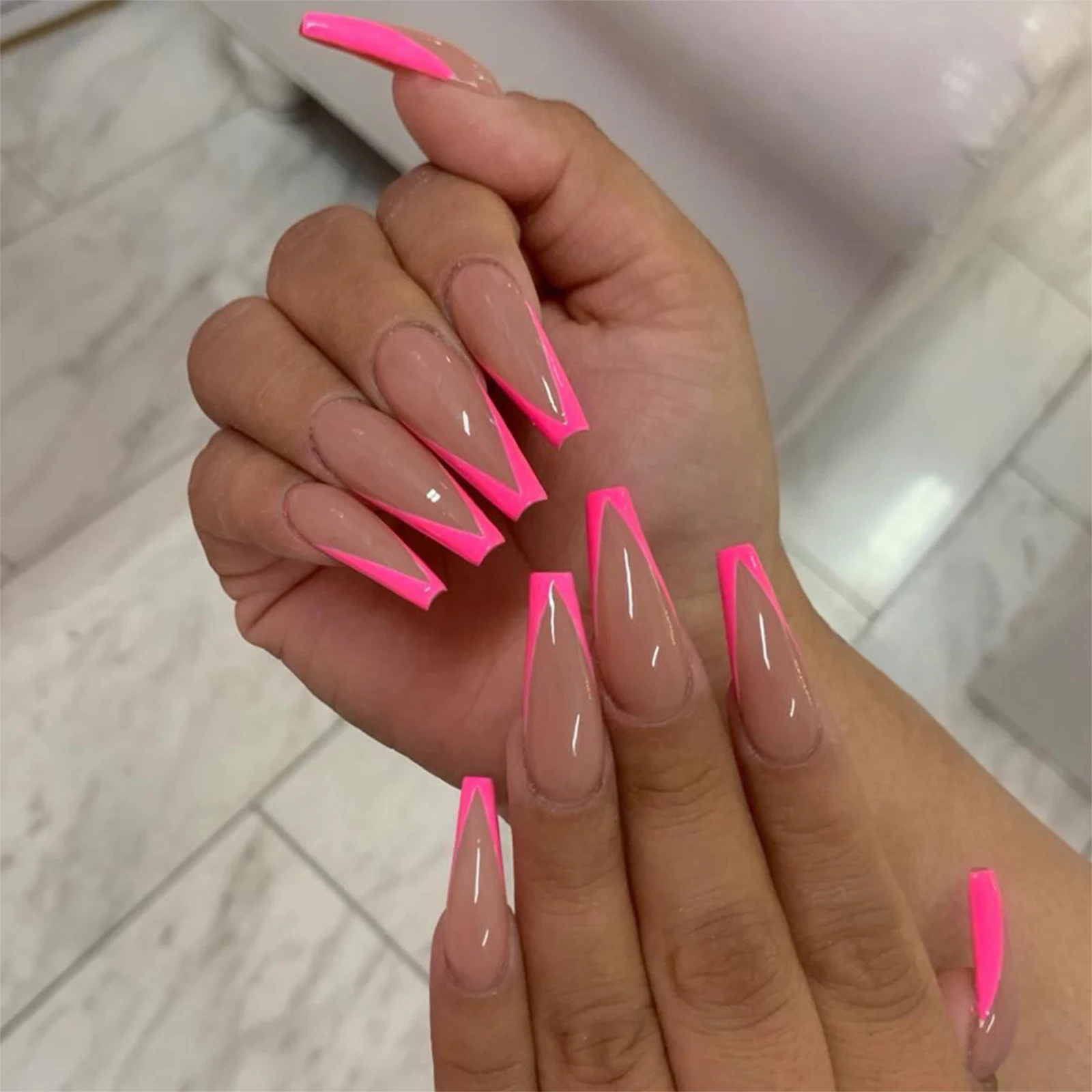 24pcs/Set Detachable Long Coffin Fake Nails European Rainbow Ballerina Full Nail Art Tips Colorful Beauty Artificial False Nails