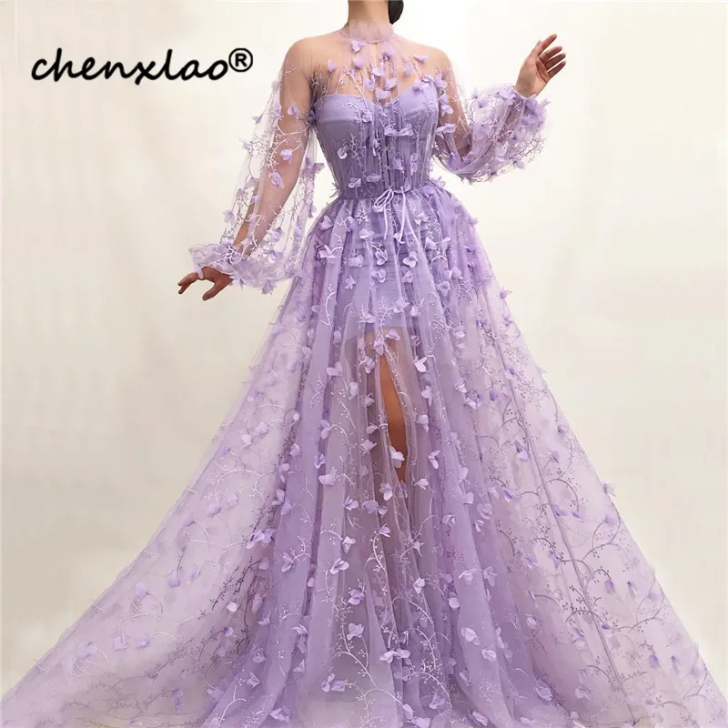 Фиолетовые Сексуальные вечерние платья с длинными рукавами, с высоким воротом, с цветами ручной работы, вечерние платья