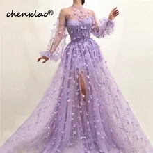 Фиолетовые Сексуальные вечерние платья с длинными рукавами, с высоким воротом, с цветами ручной работы, вечерние платья