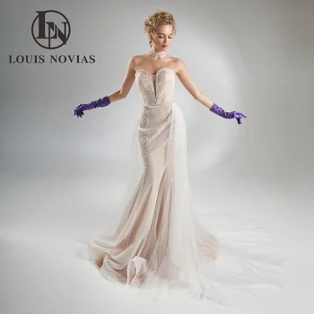 LOUIS NOVIAS Abito da sposa a sirena Sexy lucido con perline ricamate senza spalline Abiti da sposa Treno staccabile 2 in 1 Abito da sposa