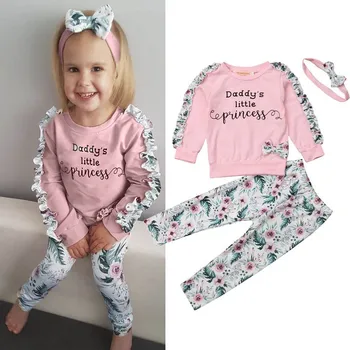 

Autumn Infant Toddler Baby Girls Clothes Set Winter Ruffles Sleeve Cotton Letter Floral Pullover Tops+Pants+Headband Girls Sets