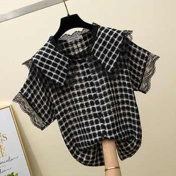 

Plus Size Girls Thin Peter Pan Collar Shirt Women's Lace Parthwork Short Sleeve Blouse Plaid Shirts Loose Blouses Femme Blusas