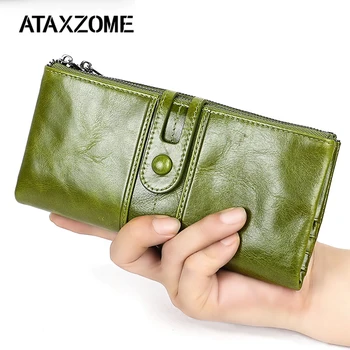 

Natural cowhide brand women' wallet block RFID protection information security long wallet double zipper 13 bank card holder