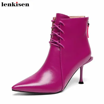 

Lenkisen Princess style beauty lady fashion high heels boots pointed toe genuine leather lace up back zip women ankle boots L18