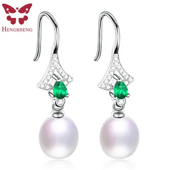 

100% Real Freshwater Pearl Dangle Earring For Women, Green Zircon 925 Silver Earrings,Fine Jewelry With Jewelry Box,Gift 2019
