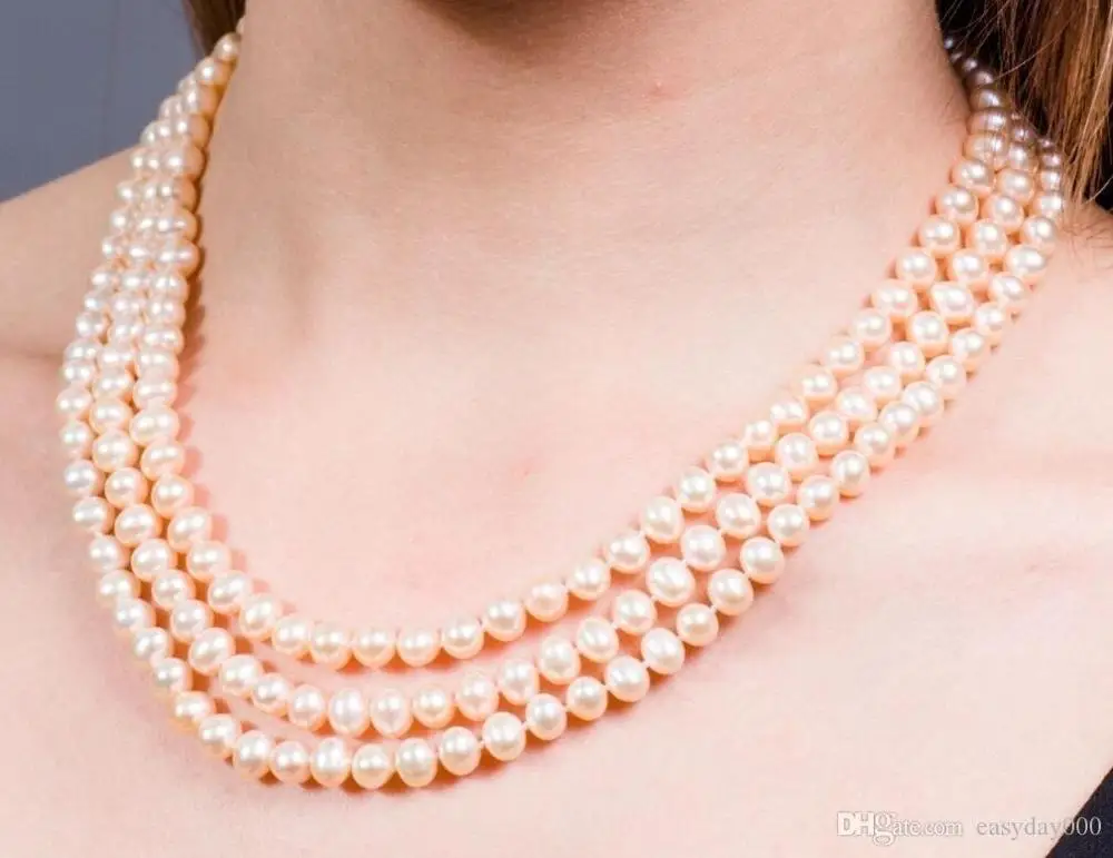 

NEW FINE PEARL JEWELRY Peach Triple Strand Layer Freshwater Pearl Necklace 7-8mm