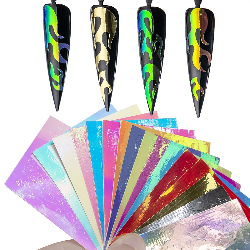 

16Pcs Holographic Fire Flame Hollow Sticker Fire Nail Sticker Flame Nails Decals 25 flames/1 Sheet ,Fire Nail Art Design Sticky