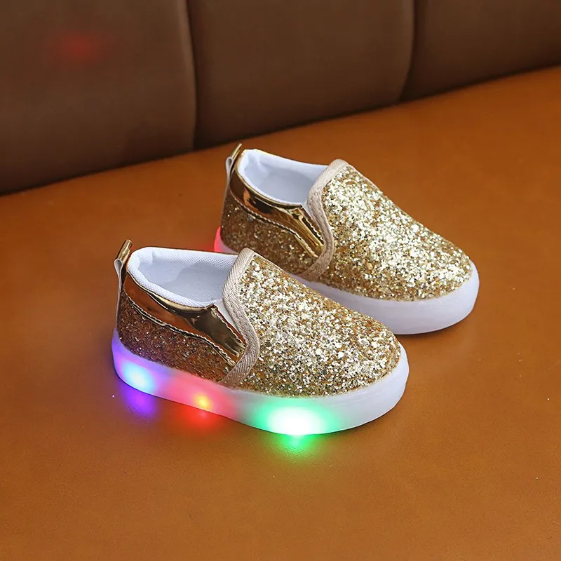 Освещенные кроссовки без застежки для малышей легкая обувь для девочек с блестками Детские кроссовки светодиодные осенние туфли для мальчиков От 1 до 6 лет - Цвет: gold