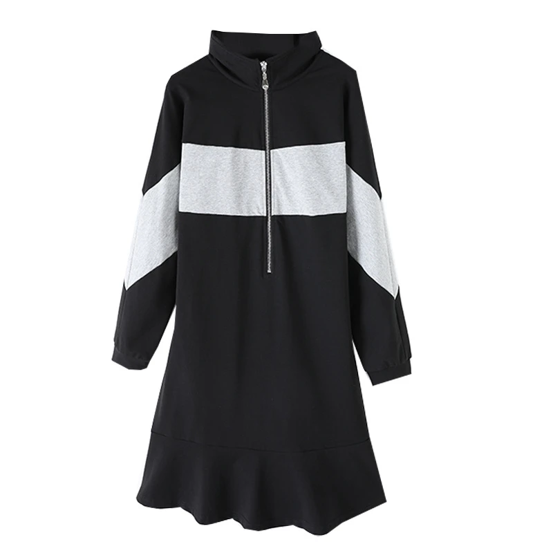 Black Long Sleeve Autumn Dresses For Women Plus Size XL 3XL 4XL 5XL 6XL 7XL A Line Front Zipper Casual Loose Korean Dress Spring