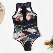 Женский слитный купальник с дышащей сеткой, летний купальный костюм с принтом, боди без рукавов, пляжный купальный костюм, Новинка