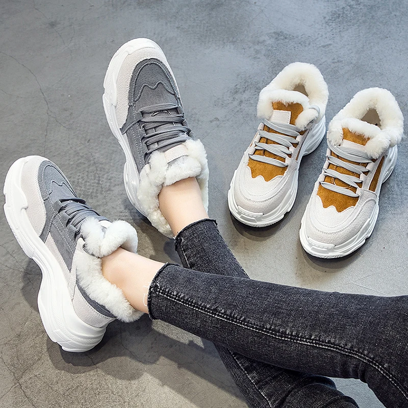 

Dumoo Women Casual Sneakers Winter Sneakers Plush Fur Warm Women Shoes Lace Up Female Boots Comfortable Platform Shoes Women